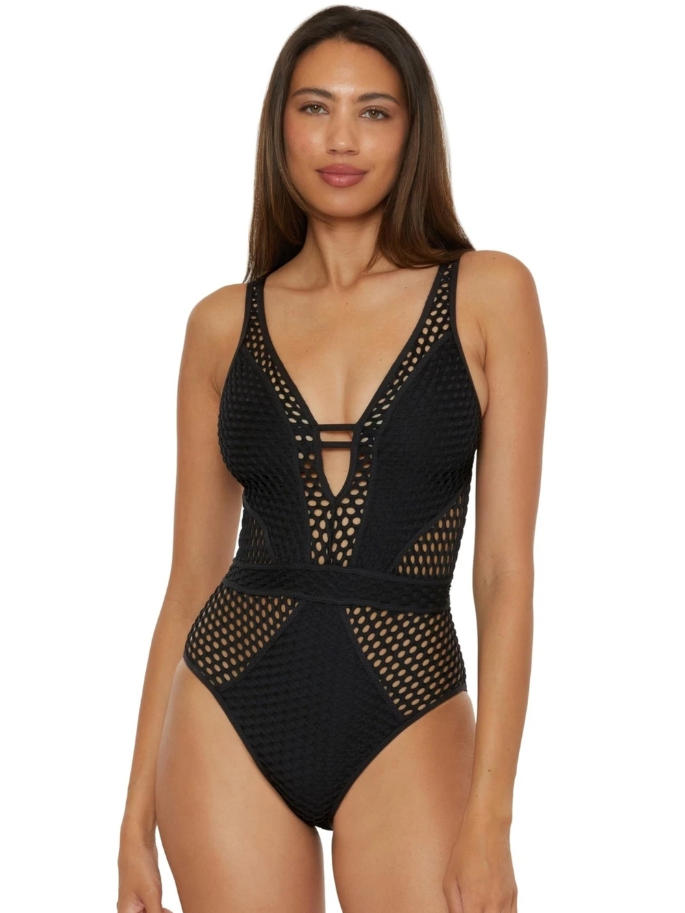 BECCA Black Crochet Plunge One-Piece Swimsuit